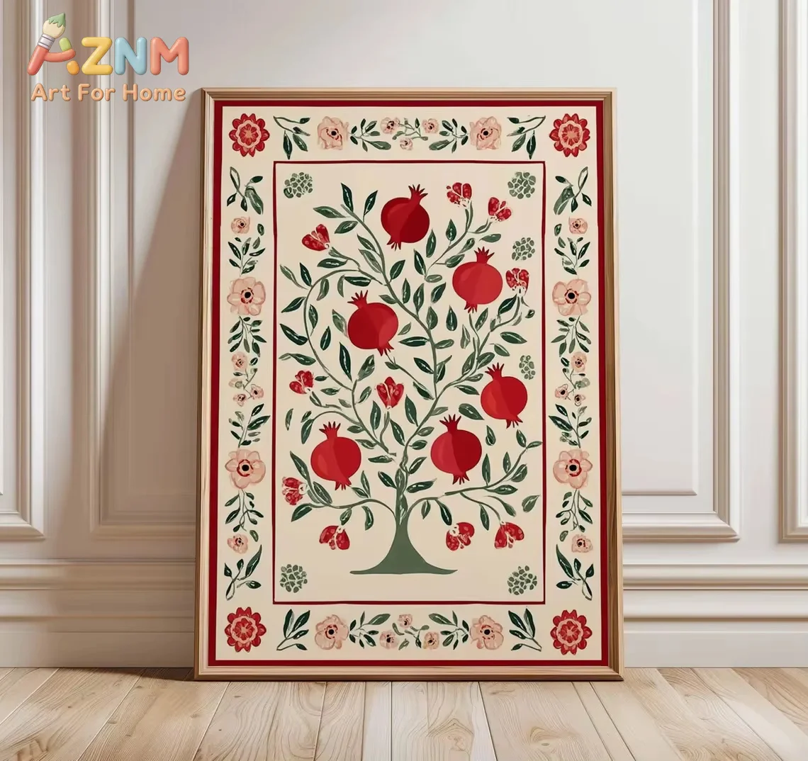 Pomegranate Tree Wall Art Poster, Botanical Fruit Print, Folk Art Illustration, Rustic Kitchen Decor, Vintage Nature Wall Poste