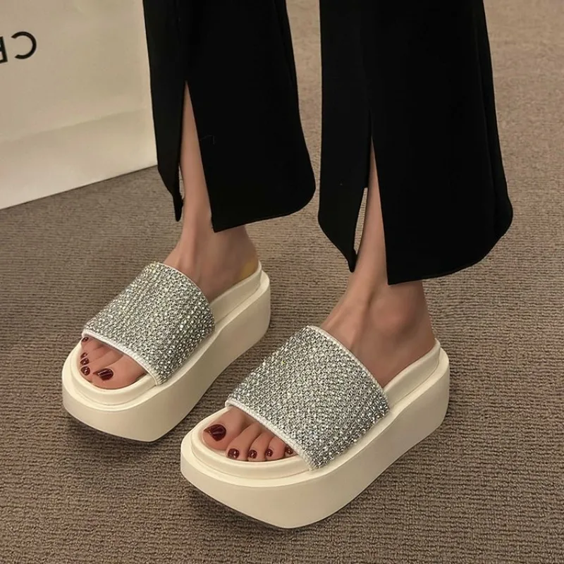 Rhinestone Slippers Women High Platform Mules Shoes Fashion Slides Party Sandals 2024 Summer Casual Flip Flops Mujer Zapatillas