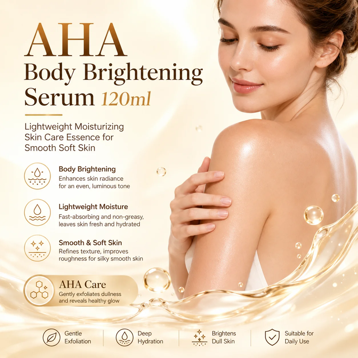 AHA Body Brightening Serum 120ml Lightweight Moisturizing Essence Smooth Soft Skin Dark Spot Fading