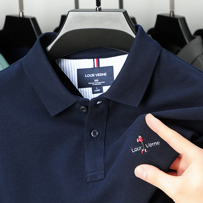 

Дизайнерская оригинальная мужская рубашка поло из 100% хлопка с длинным рукавом, классический воротник с вышитым логотипом, мягкая дышащая повседневная деловая мужская рубашка