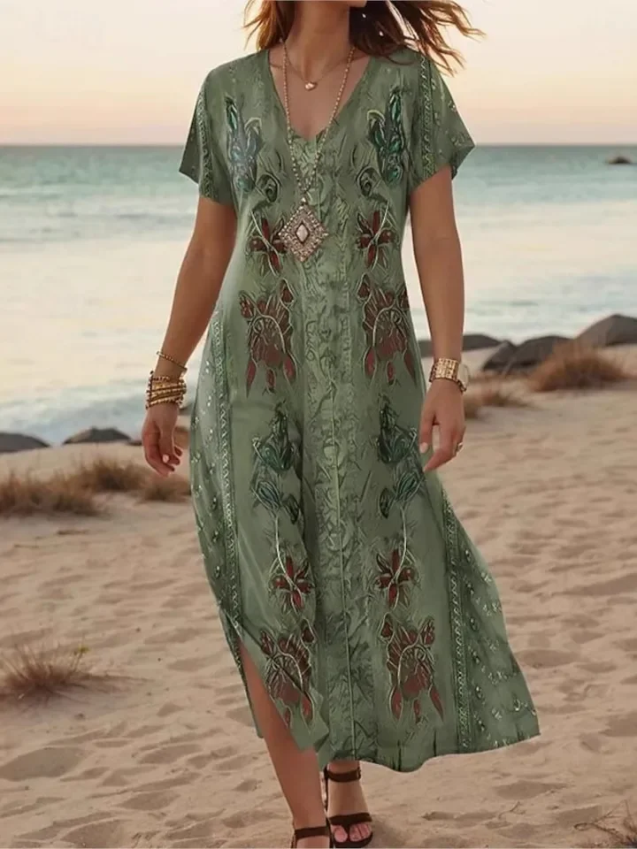 Mode Druck Kleid Dame Casual V-ausschnitt Kurzarm Lose Kleider Für Frauen Boho Urlaub Strand Rock Robe Femme Sommer Kleidung