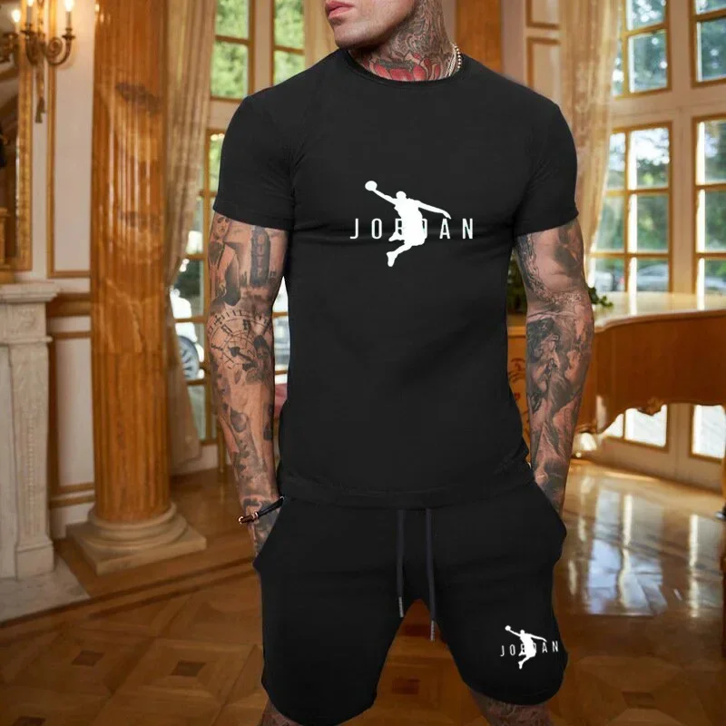 Sports suit for European and American men, summer sports and leisure, comfortable solid color T-shirt, short sleeved shorts, two