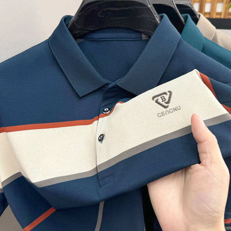 High Quality Man Short-Sleeved Polo Shirt Lapel Button Stripe Letter Print British Style Summer New T-Shirt Business Men's Wear