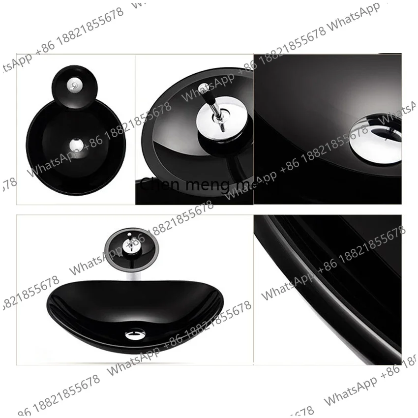 Discount Black Tempered Glass Bathroom Mixer Basin Washbasin Brass Faucet Set Oval Washroom Basin Vessel Vanity Sink w/ Drain