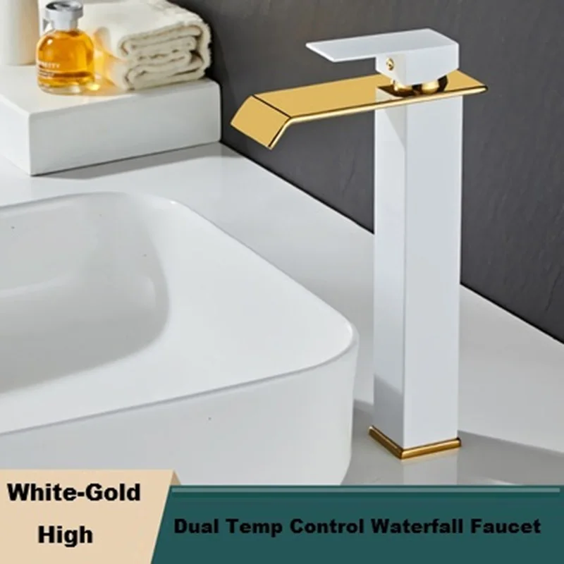 شلال ذهبي من الفولاذ المقاوم للصدأ صنبور الماء الساخن والبارد فوق حوض العداد صنبور حوض الحمام الخالي من الرذاذ