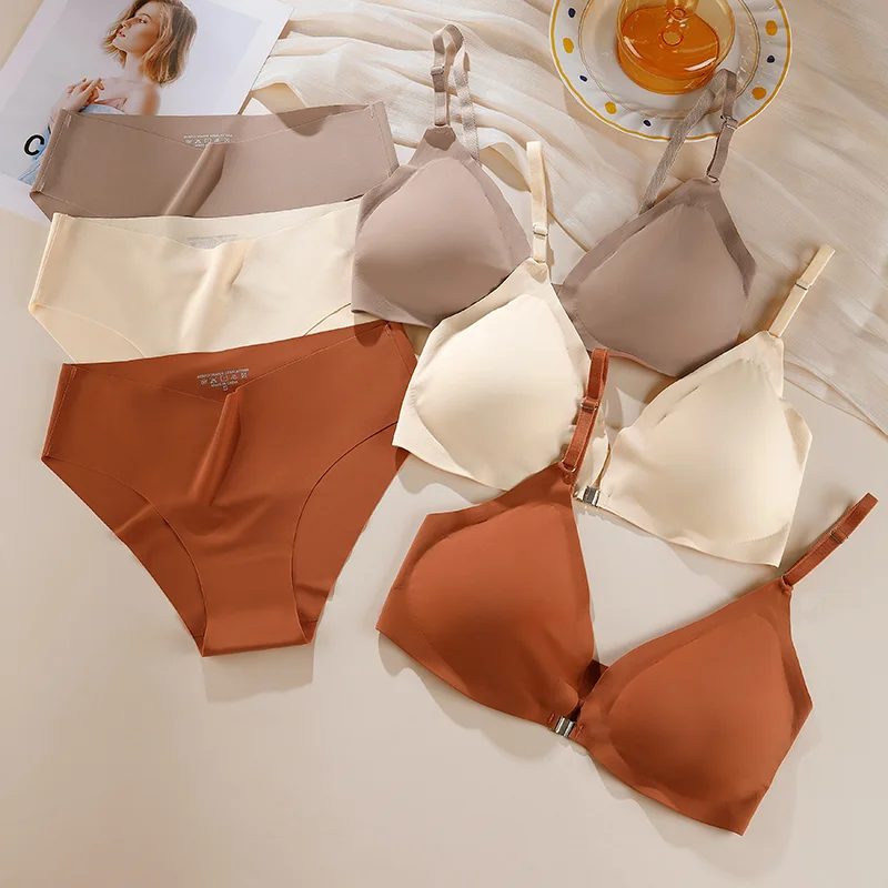 Ice Silk Underwear Set Solid Color Seamless Bra Wireless Front Buckle Push Up Bra Comfortable Panties Sexy Underwear Set