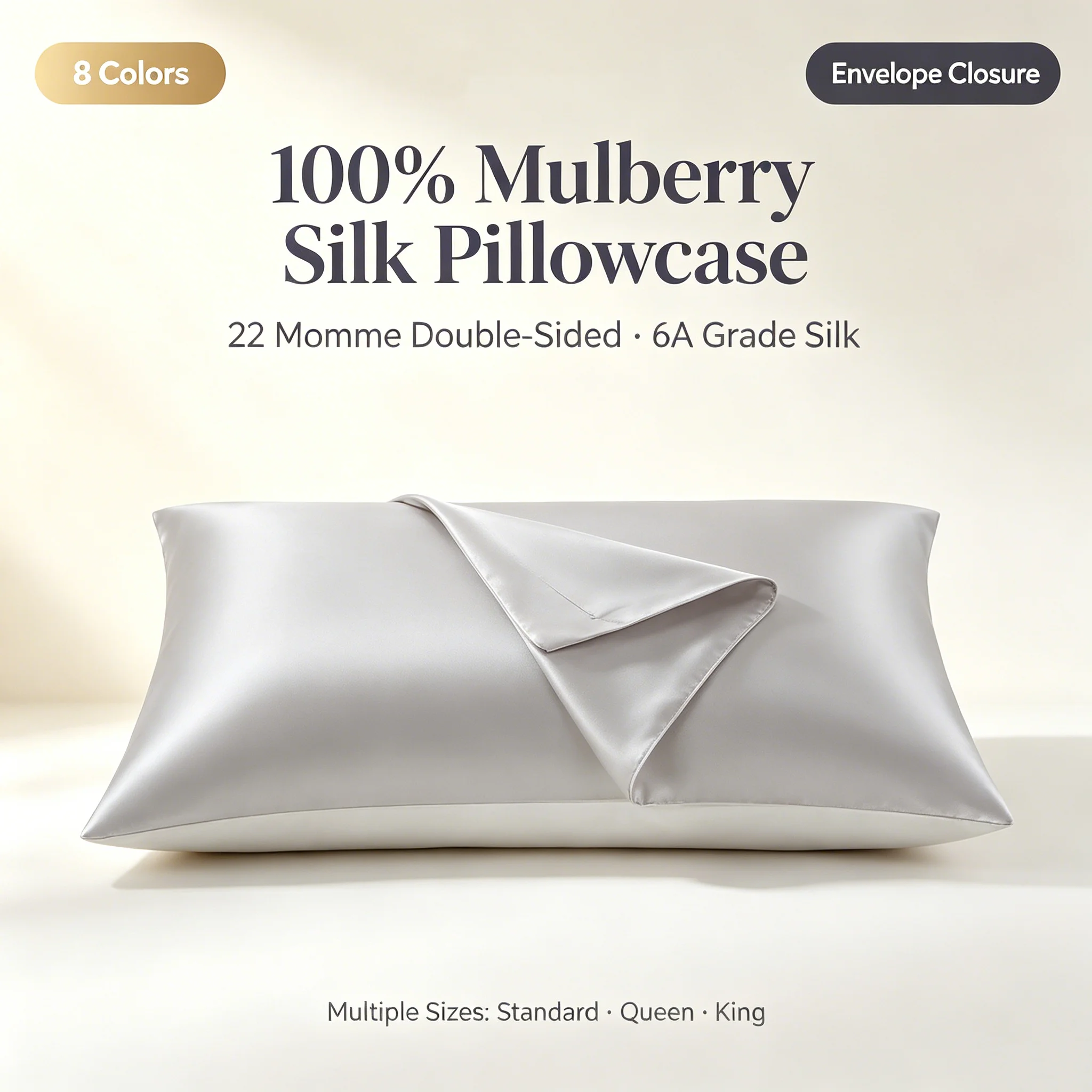 100% Mulberry Silk Pillowcase 22 Momme Double Sided 6A Grade Envelope Closure Silk Pillow Cover Hypoallergenic for Hair and Skin