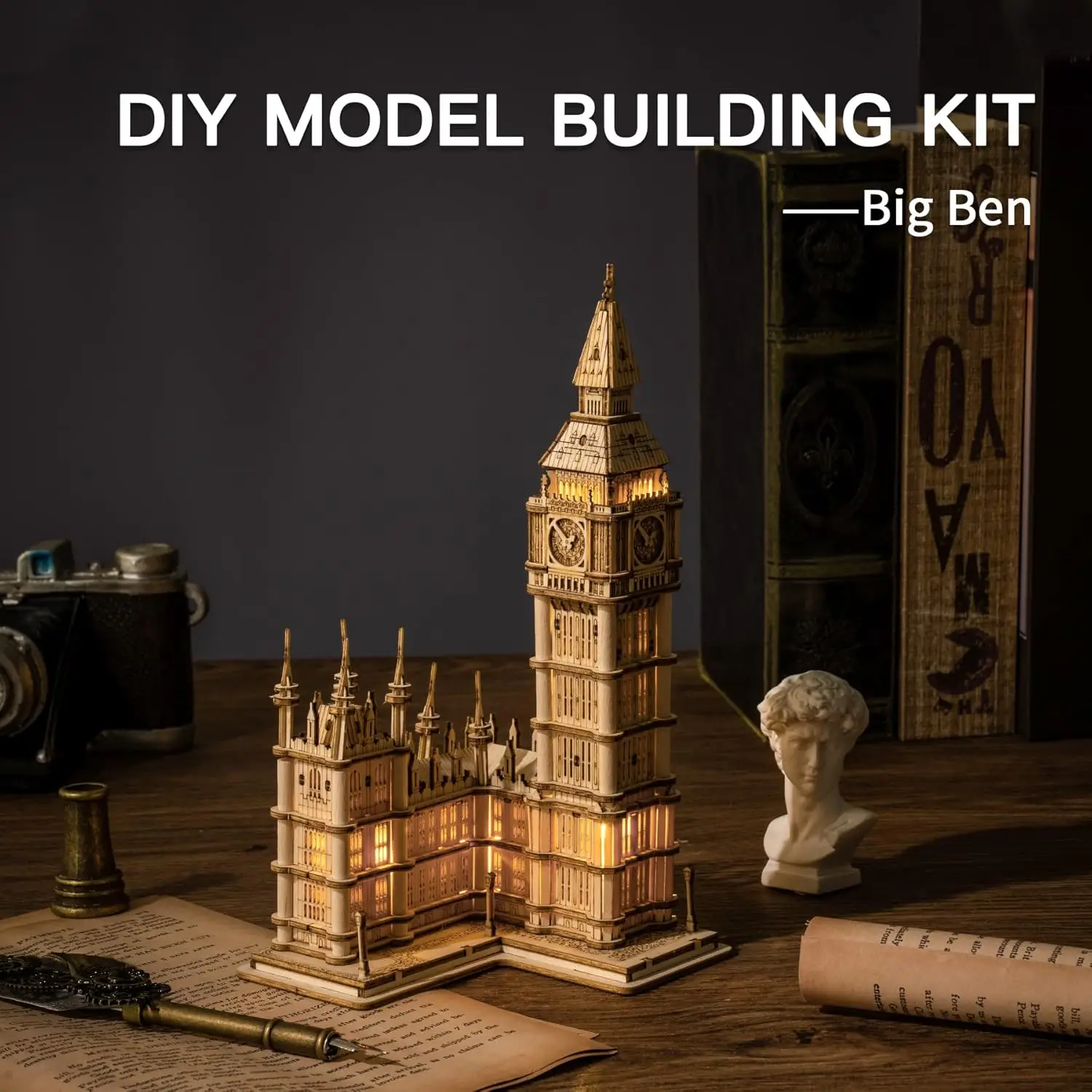 Robotime Big Ben kit 3D Puzzle Wooden Craft Kits DIY Construction Model Kit with LED Light Birthday Gifts for Adults Teens