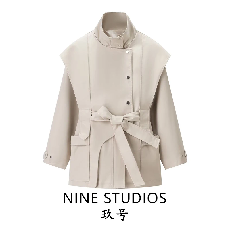 

Однотонное тюлевое пальто с высоким воротником и поясом, с застежкой на талии и поясом, женское весеннее длинное пальто прямого кроя