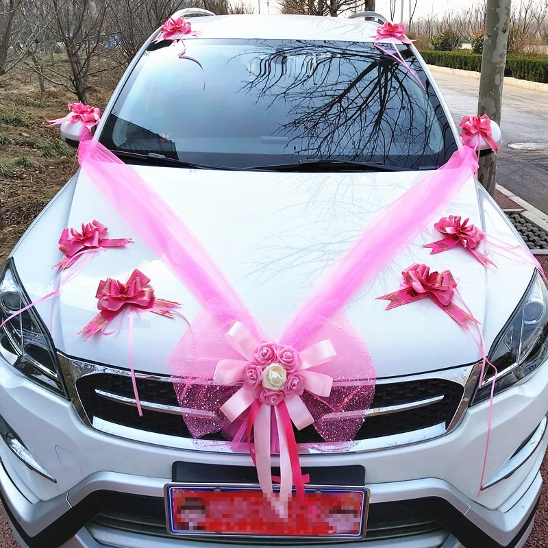 YOMDID Romantic DIY Wedding Front Flower Pull Flowers Veils Bows for Car Wedding Motorcade Door Handle Roof Tail Float Decor