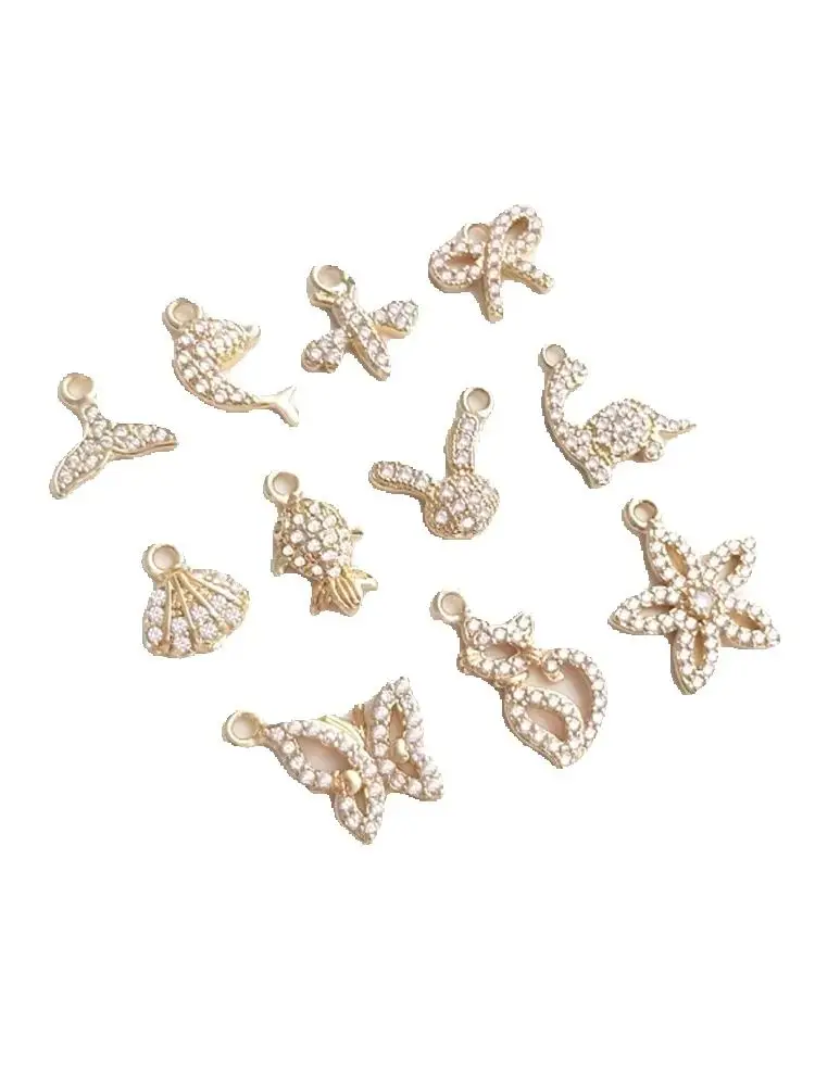 14K gold micro-set zirconia small charm series sea creatures fish tail bee butterfly cat diy pendant