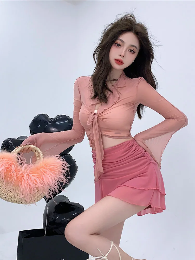 2025 moda de verano mujer manga larga mangas trompeta elegante encaje hasta perspectiva Top diseño de Color sólido Sexy estilo dulce