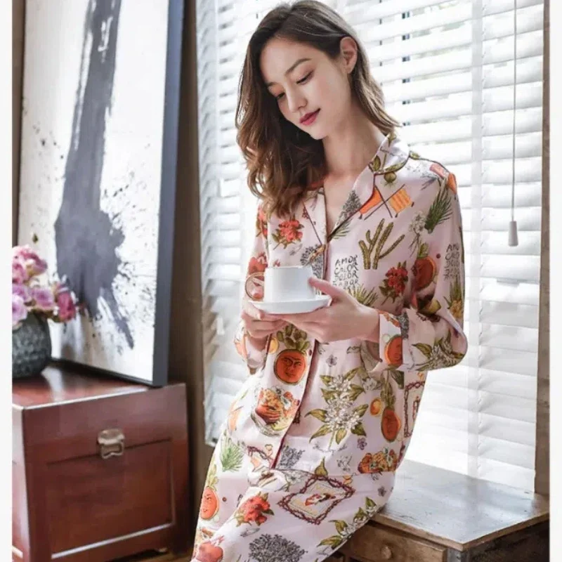 Floral 19MM 100% Mulberry Silk Long Sleeve Sleepwear Set Spring Autumn Women's Pajamas Solid Color Pyjama 2piece Loungewear PJ
