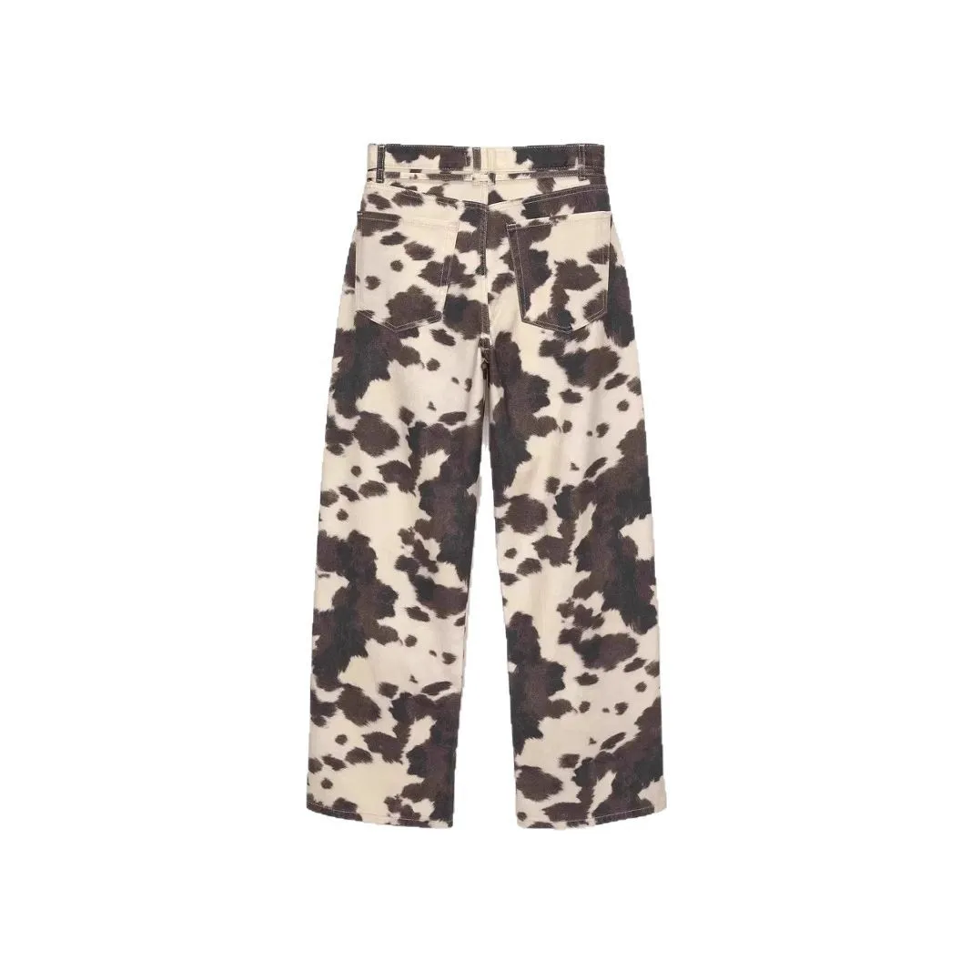 Waed vintage americano vaca padrão solto perna larga em linha reta casual longo jeans feminino faion cintura alta cor profunda primavera