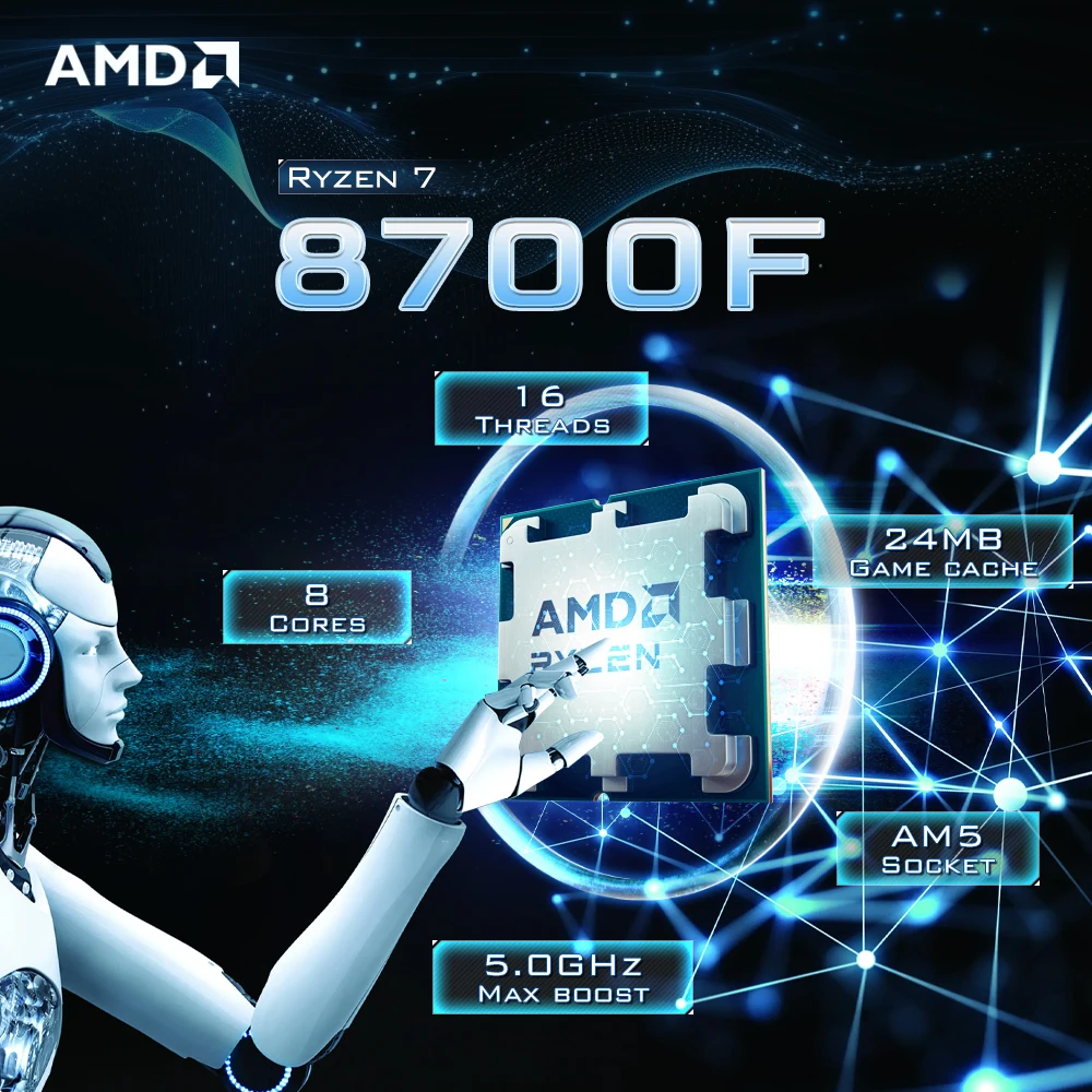 معالج ألعاب AMD Ryzen 7 8700F 8-Core 16-Thread 4NM L3=16M 4.1 جيجا هرتز 65 وات جديد R7 8700F DDR5 مقبس AM5 ولكن بدون مروحة