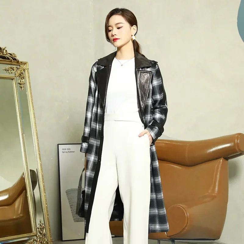 

2022 Real Sheepskin Patchwork Trench Coat for Women Spring Autumn Plaid Cotton Coats and Jackets Women Fashion Korean Overcoat F