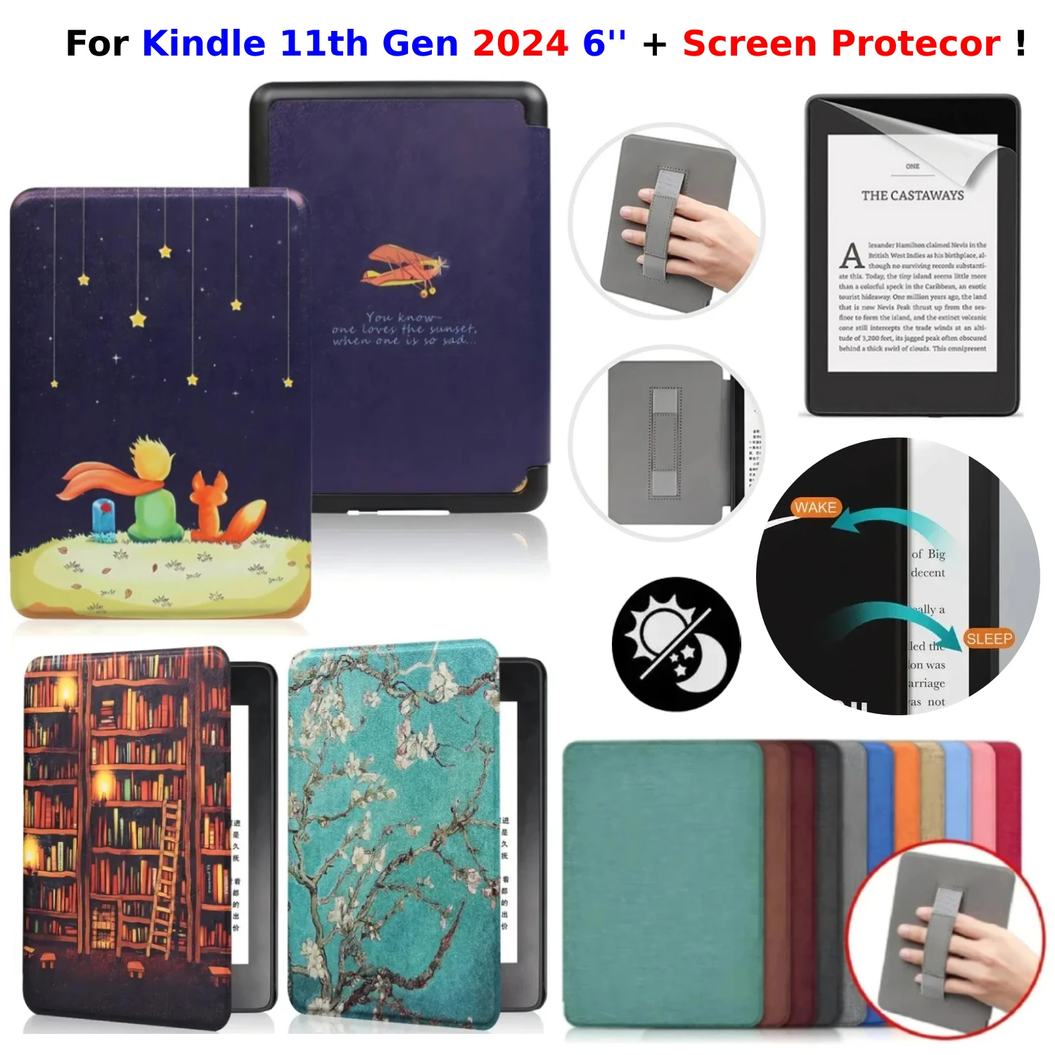For Kindle 11th Generation 2024 Case 6'' with Hand Strap + Screen Protector PU Leather Cover Auto Wake/Sleep 6 inch RS23CV Funda