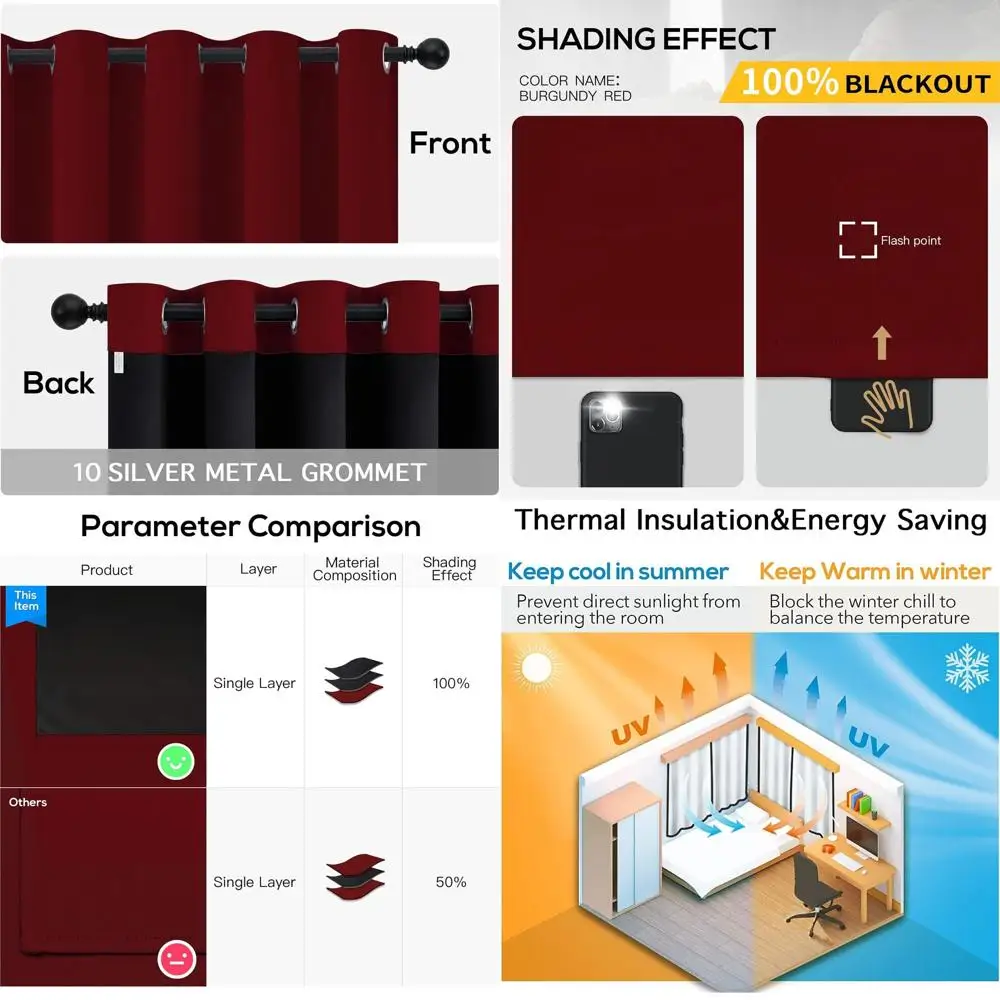 

Теплоизолированные бордовые красные шторы с люверсами, 62x84, 2 панели для полного затемнения в спальне