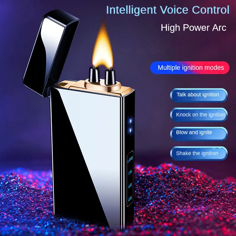 New Metal Voice Controlled High Power Windproof Arc Charging Lighter Power Display Gravity Sensing Multiple Ignition USB Lighter