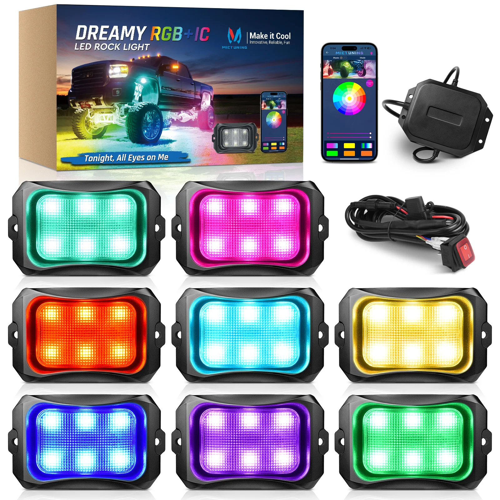 Luces Decorativas MICTUNING C2 Max RGB+IC con Efecto de Persecución de Color - Kit de Iluminación Inferior de 8 Unidades, Modos de Iluminación Dinámicos, con Control por Aplicación