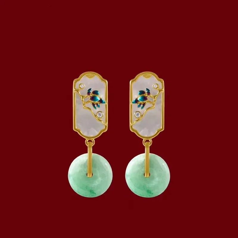 

Винтажные нефритовые серьги Jadeite для женщин, модная эмалированная Пряжка, аксессуар для вечеринки в перегородчатом стиле Ципао ханьфу, ювелирные изделия