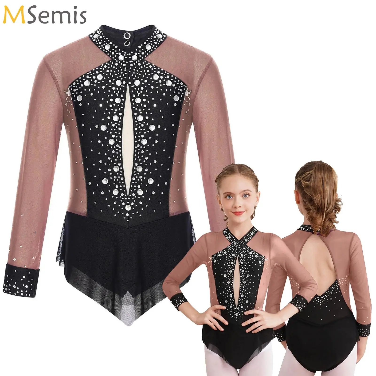 

Girls Shiny Ballet Dance Dress Figure Ice Skating Jersey Rhythmic Gymnastics Sheer Mesh Skirted Leotards Lyrical Stage Dancewear