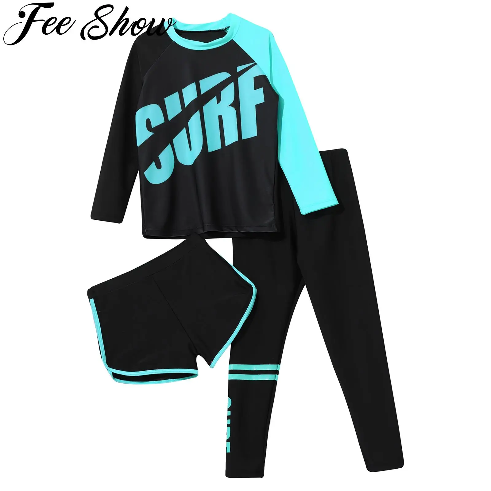 

Kids Girls Boys Sun Protection Rash Guard Swimwear Set 3 Pieces Long Sleeve Swim Top Shorts and Pants Swimsuit Bathing Suit