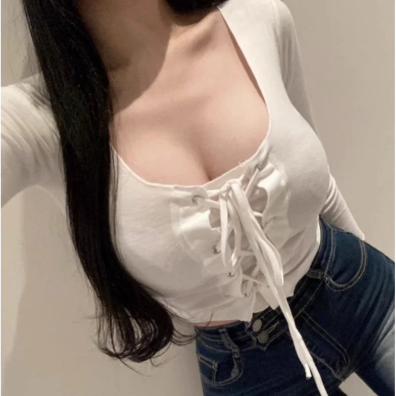 Dongda Gate New Sexy U-Neck Bodycon Women's T-Shirt Long Sleeve Belted Chest Enhancement Polyester Casual Top