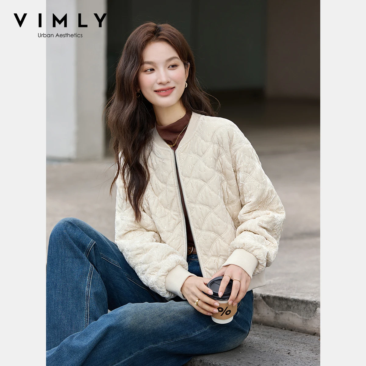 VIMLY Women's Apricot Baseball Jackets 2026 Winter Casual Quilted Puffer Ladies Coat Zip Up Beading Female Short Outerwear A2931