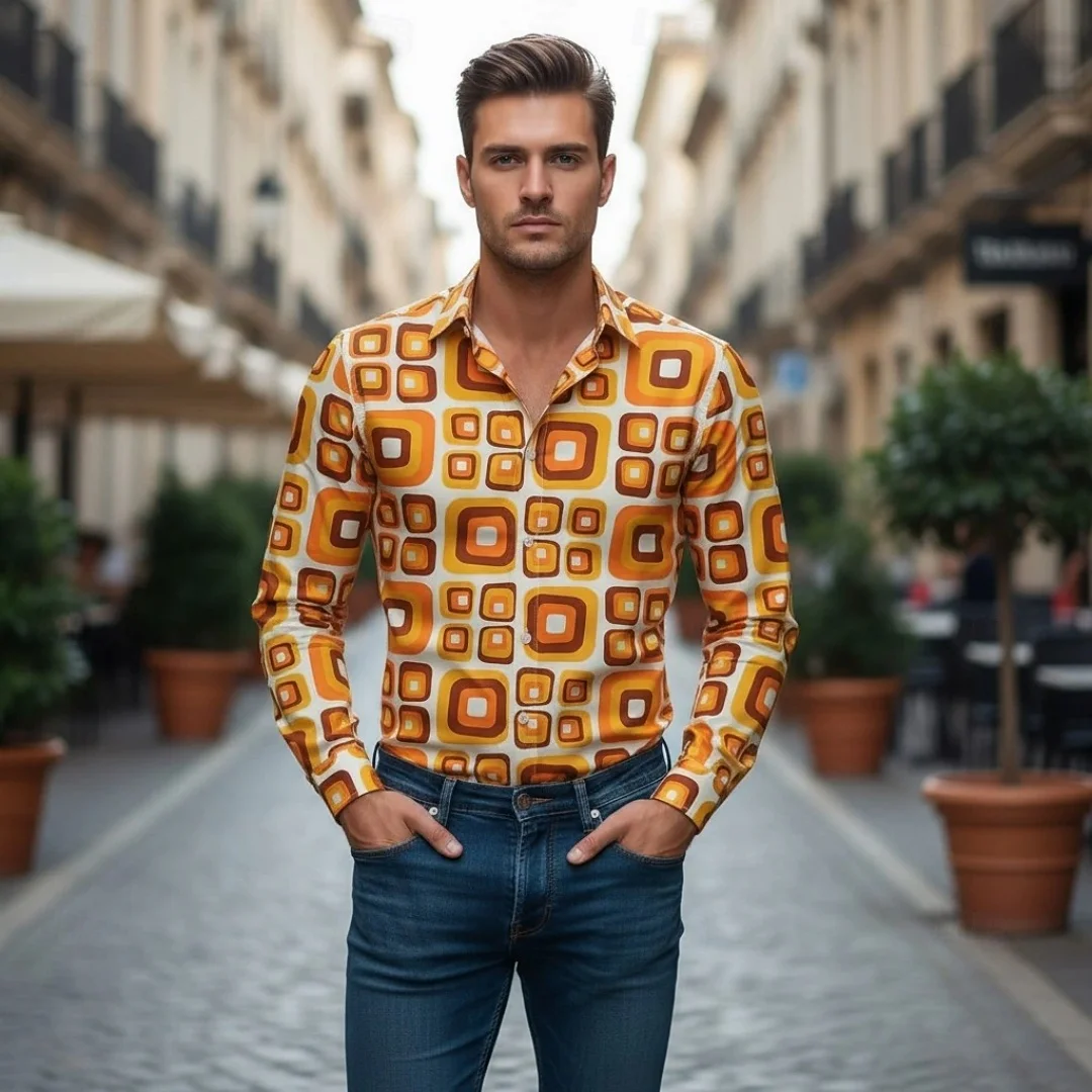 Men's Fashion Stripe Splicing Contrast Color Striped Long Sleeve Shirt Style Casual Long-Sleeved Shirt Trendy Casual Men's Shirt