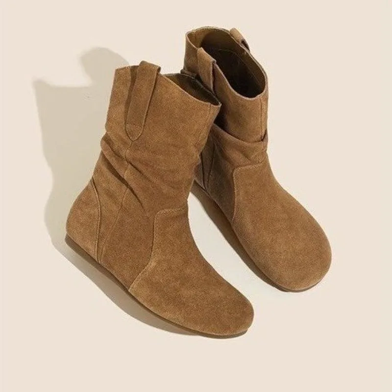 2025 الخريف/الشتاء جديد الكورية أحذية بوت قصيرة المرأة رئيس مستدير الجلد المدبوغ شقة أحذية الموضة ركاب تنوعا Boken كومة الأحذية