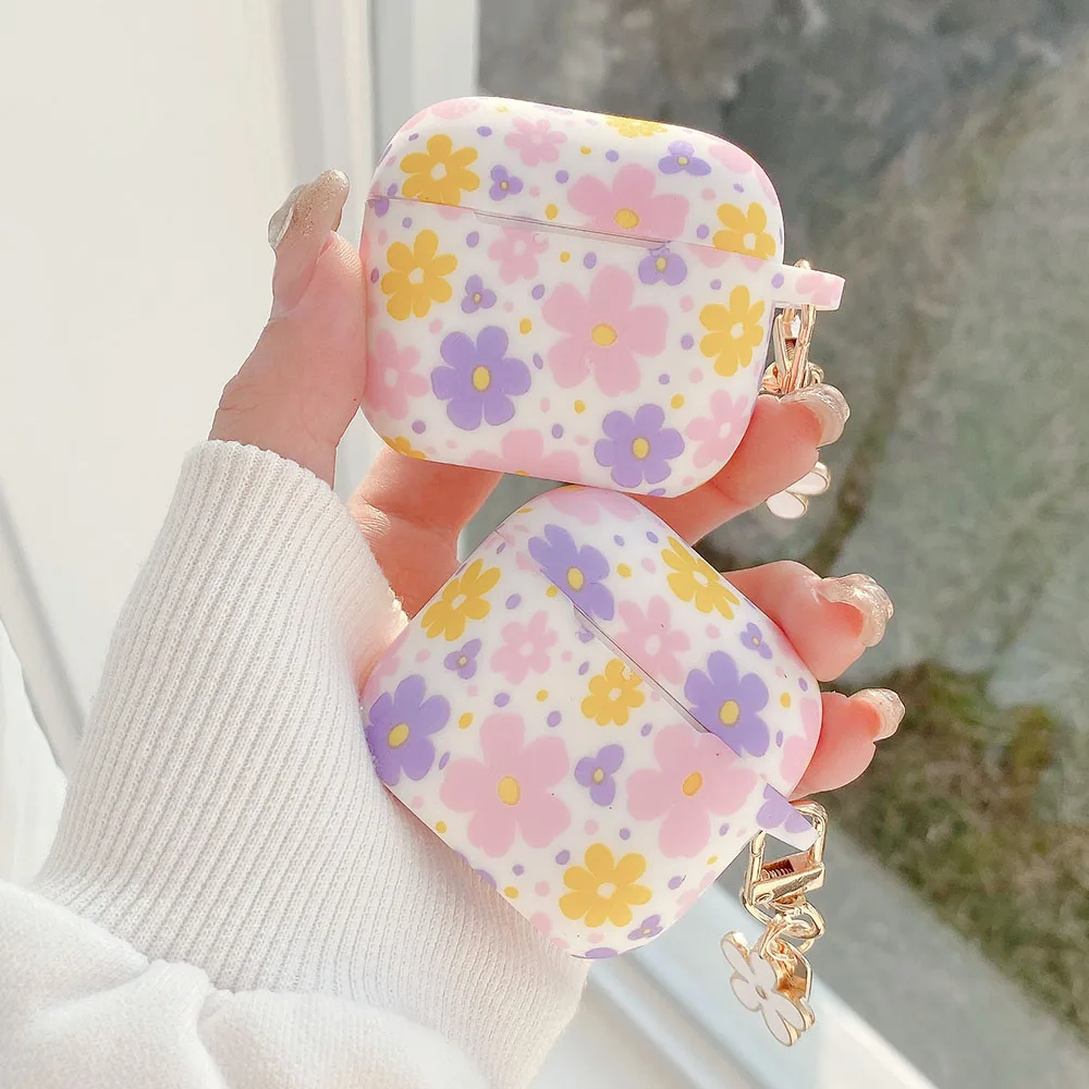

Daisy Purple Fresh Flowers Print Silicone Shell For Apple AirPods 4 3 2 1 Earphone Case For AirPods Pro 2 With Flower Pendant