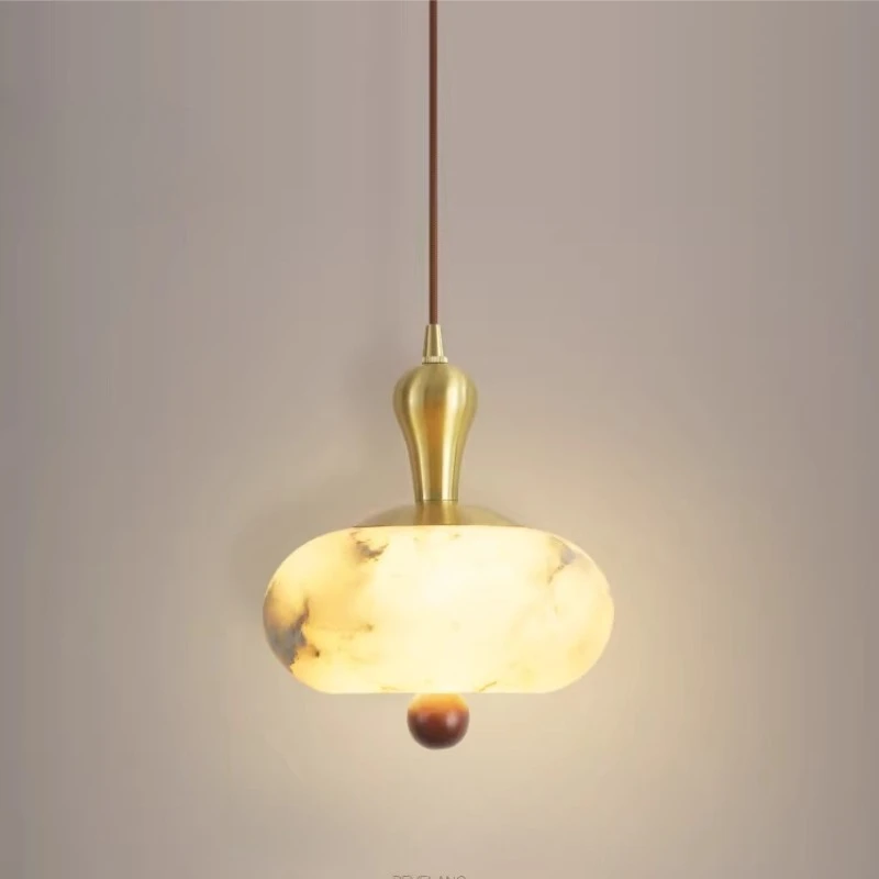 

Full Copper Marble Bedside LED Ceiling Pendant Lights Antique Bedroom Dining Room Bar Counter Solid Wood High-End Hanging Lamps