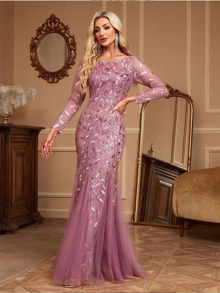 Long-sleeved V-neck leaf vermicelli embroidered sequins wedding bridesmaid shiny floor-length mesh evening dress Prom Gown