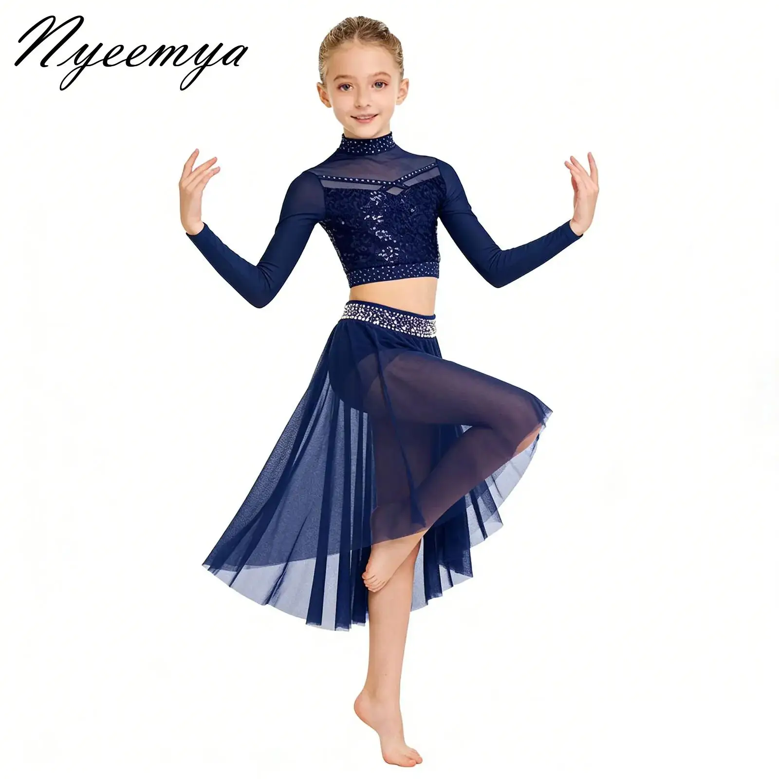 

Kids Girls Modern Lyrical Dance Performance Costume Rhinestone Crop Tops+Built-in Briefs Skirt Skating Gymnastics Ballet Outfits
