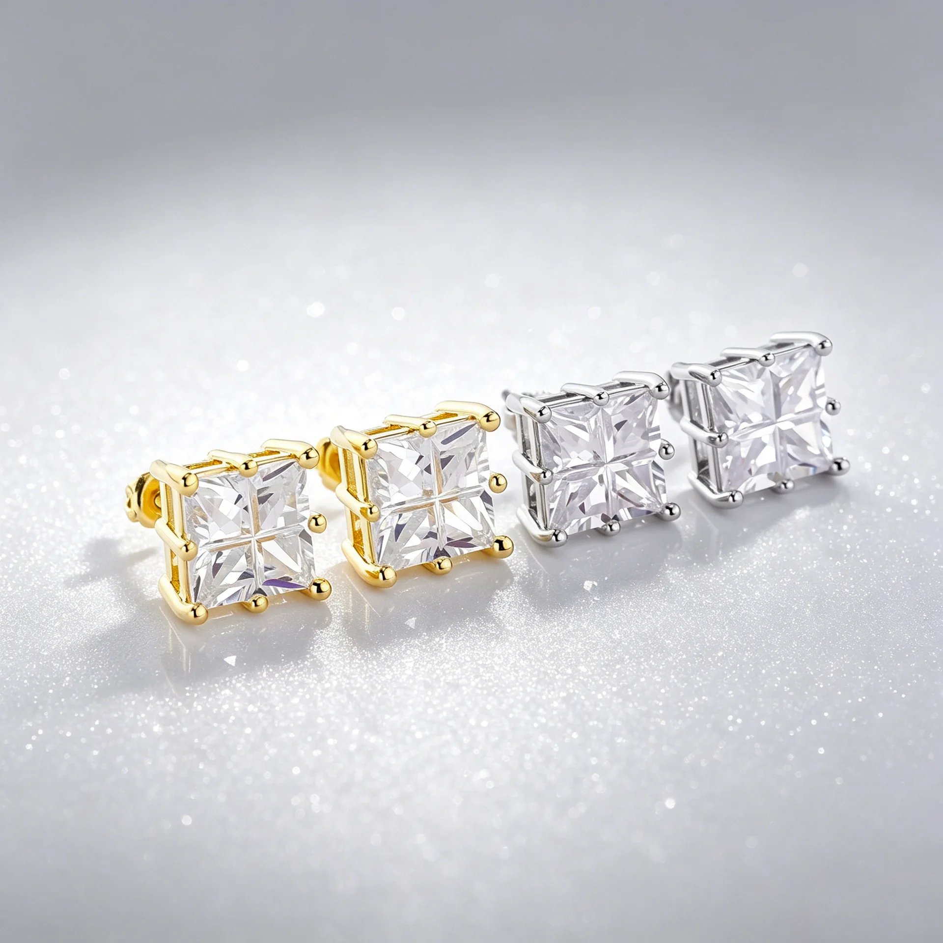 Luxury Square Four Partition Zircon Stud Earrings S925 Silver Straight Post Bling Iced Out Studs Men Hip Hop Rapper Accessories