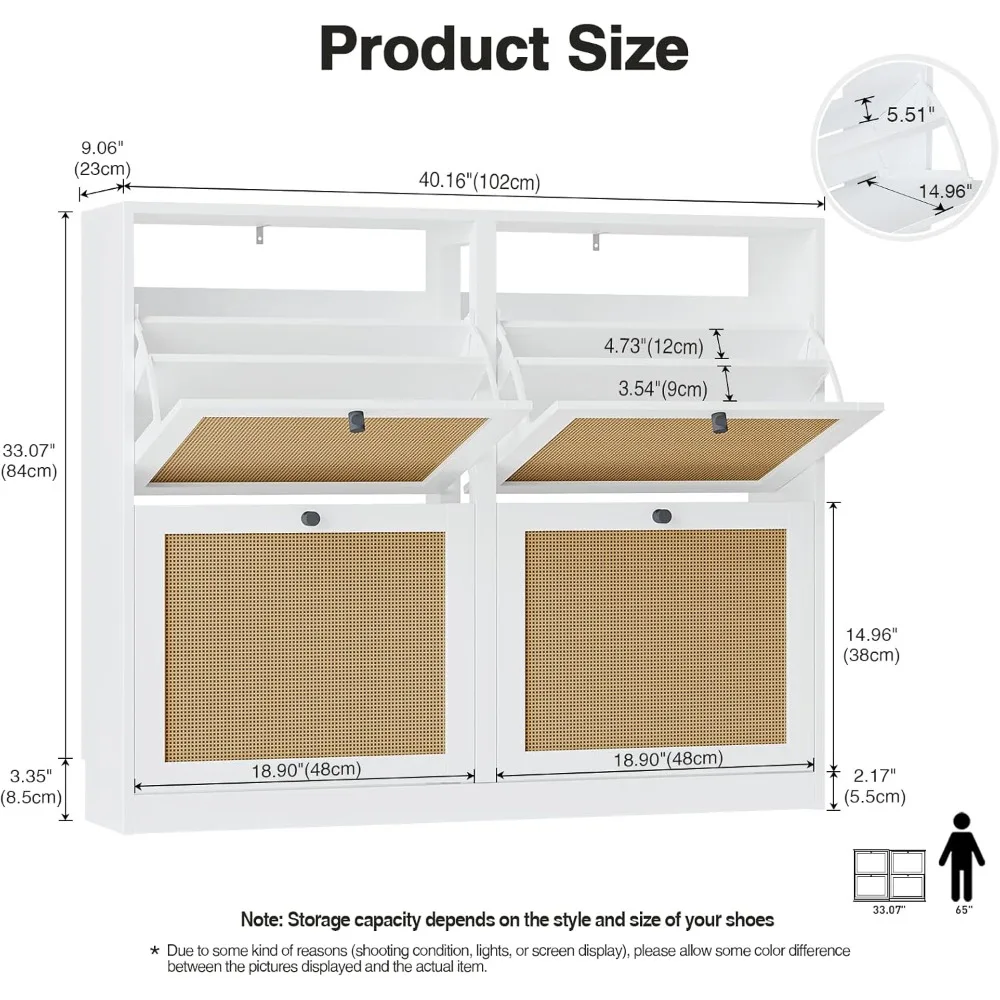 Large Natural Rattan Shoe Storage Cabinet with 4Flip Drawers, Freestanding Shoe Storage Cabinet with Shelf for Living Room