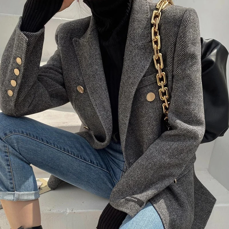 Chic Autumn Winter New Sle Loose Fit Woolen Coat with Metal Buttons Long Sleeve Suit Collar Women's Fashion Commute Wear