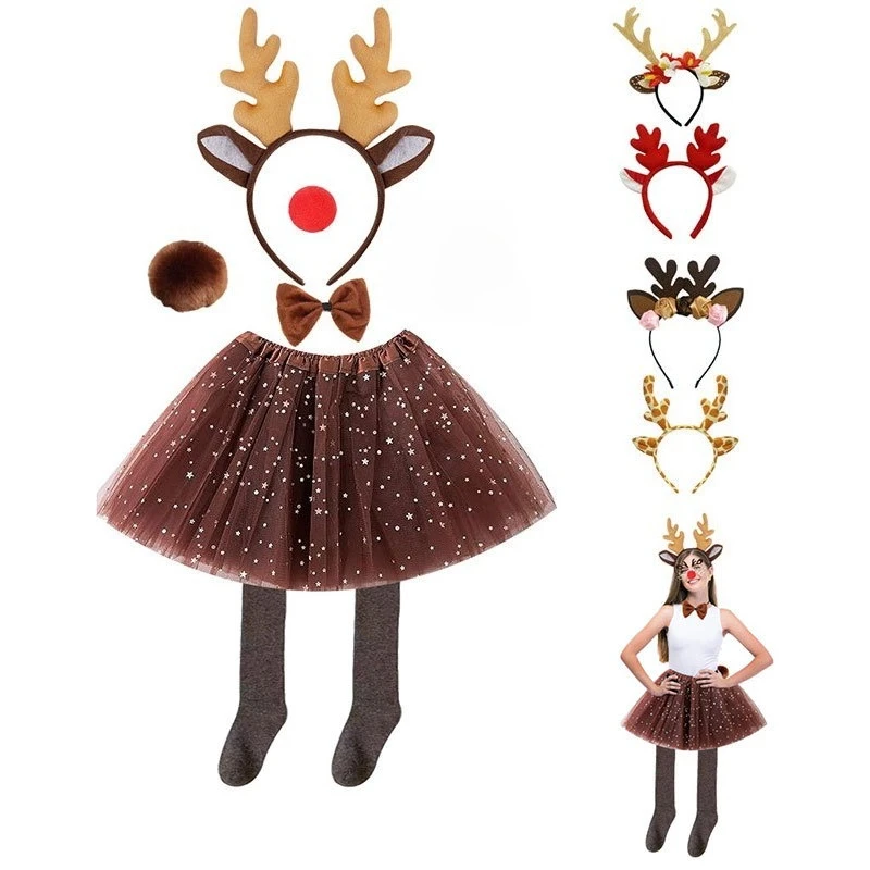 مجموعة أزياء الرنة تنورة توتو مع ربطة رأس ربطة عنق على شكل قرن الوعل لحفلات الهالوين وأعياد الميلاد على شكل حيوانات