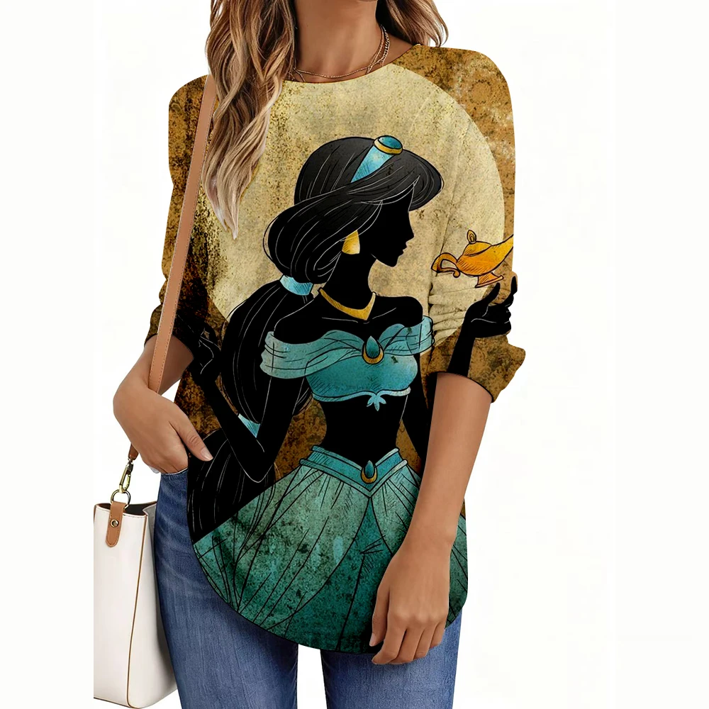 

Женская футболка с длинными рукавами и принтом принцессы Диснея, осенняя одежда с круглым вырезом и длинными рукавами, праздничный подарок, модная вечерние футболка