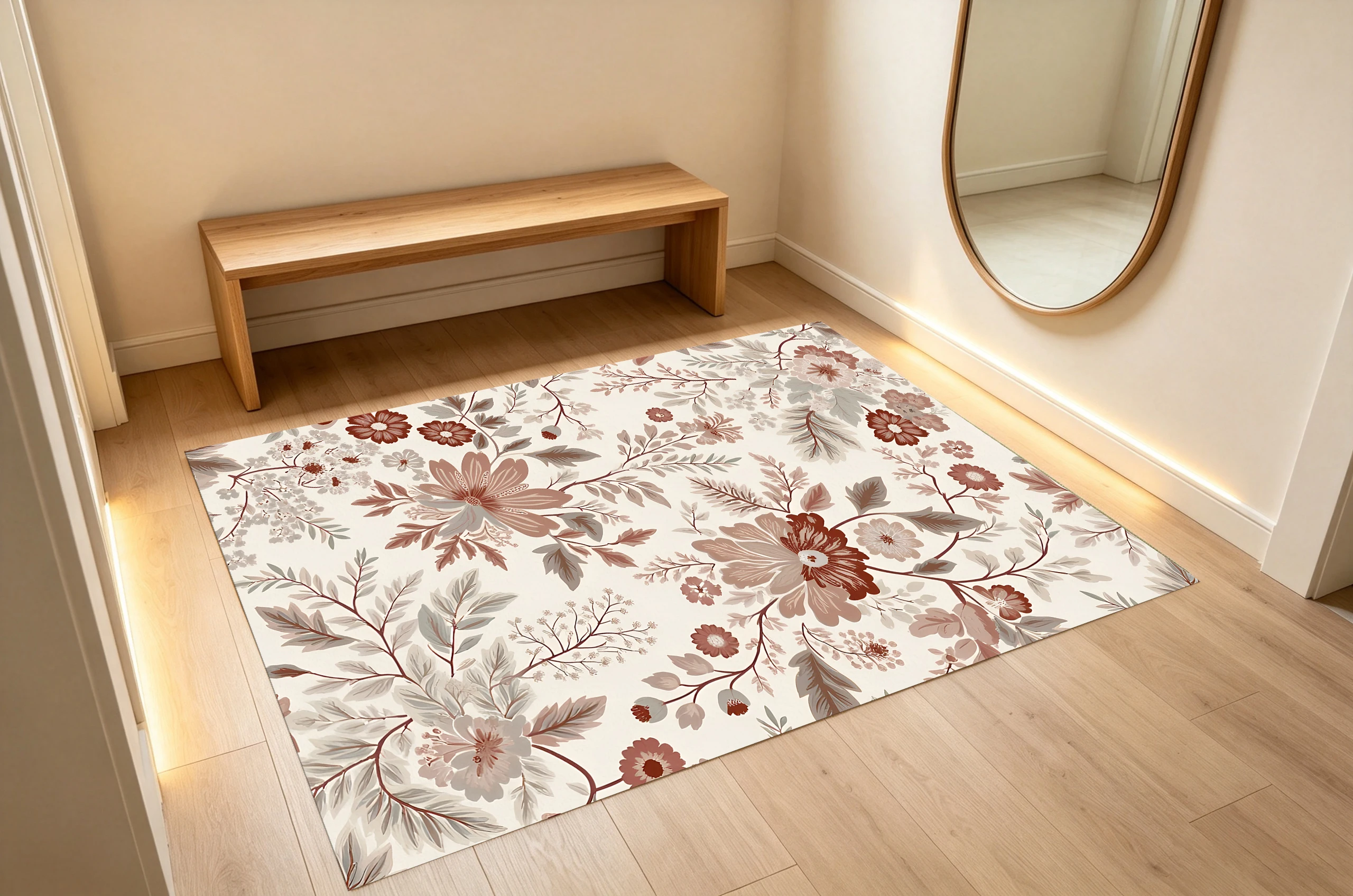 2D Large Rug Beige & Brown-Pink French Retro Floral Pattern, Soft & Comfortable, for Living Room & Bedroom, Enhancing