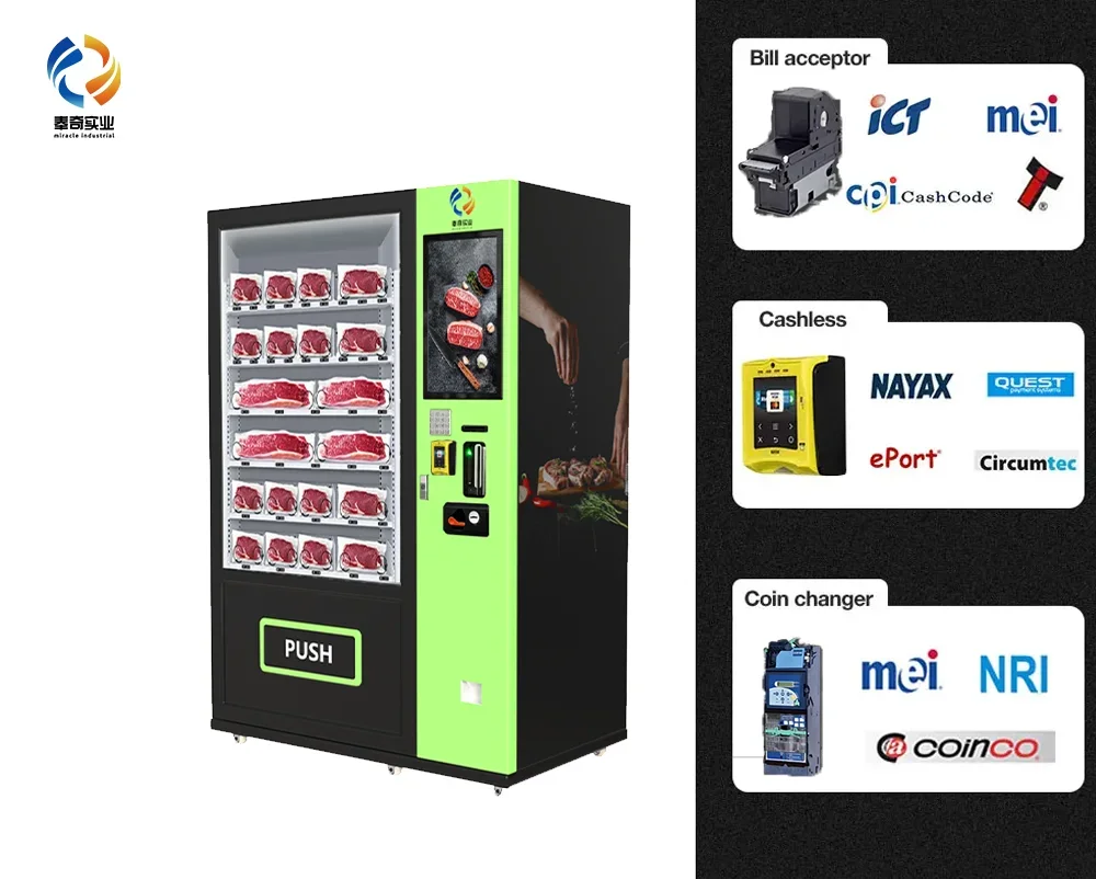 Fresh Frozen Meat Vending Machine Premium Beef Other Fresh Products Refrigeration Coin Payment System Touch Screen Metal