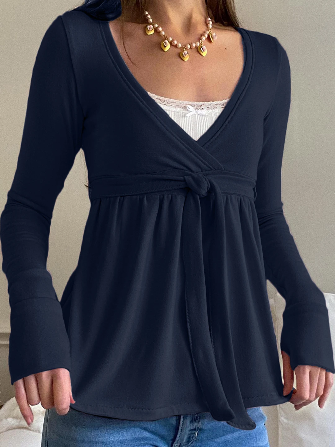 

ROMORE Long Sve Cross Ne с завязками на талии, плиссированная утягивающая кукла для девочек, милый осенний топ из смеси полиэстера и спандекса