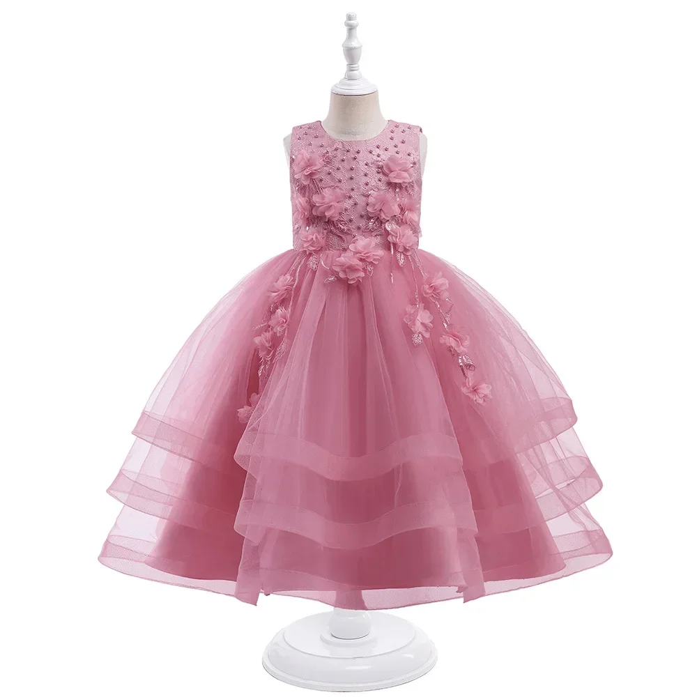 Vestito per bambini, vestito da principessa, nuovo abbigliamento per bambini transfrontaliero, gonna a sbuffo in rete per bambini a fiori, pianoforte da ragazza che ospita