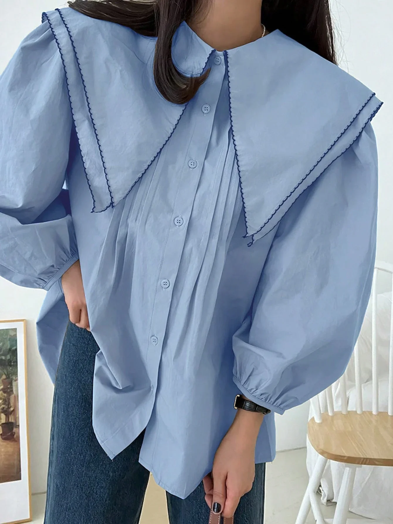 

Женская повседневная блузка DAZY с рюшами на воротнике и длинными рукавами, весна/осень