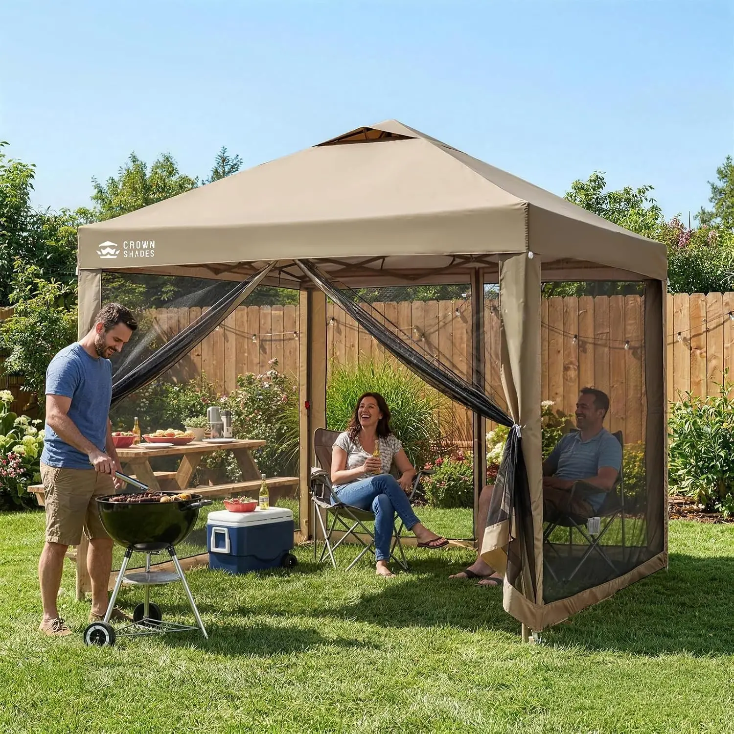 10x10 FT Beige Pop Up Canopy Tent with Mosquito Netting, Screen Gazebo with 4 Ropes, 8 Stakes, 4 Sandbags and Wheeled Bag