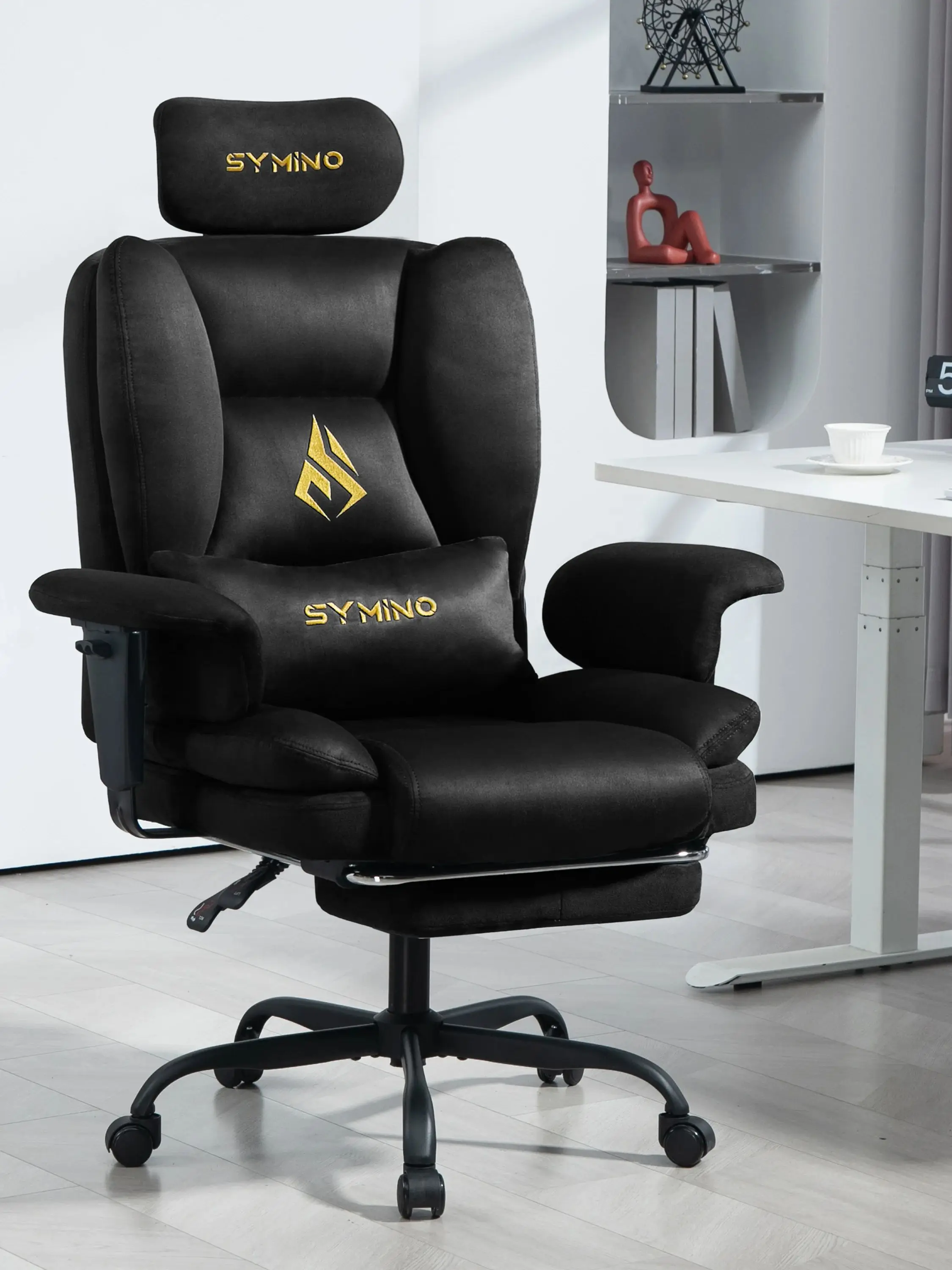 Symino Gaming-Stuhl, Bürostuhl im Sofa-Stil aus Kunstwildleder mit Fußhocker, höhenverstellbarer Bürostuhl, 130 kg Tragkraft
