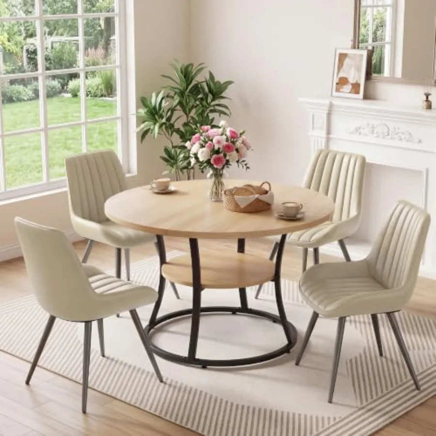 47.2 Inch Round Dining Table Set for 4, Kitchen Table with 4 Upholstered Chairs, Modern Dining Room Table Set with Storage Shel