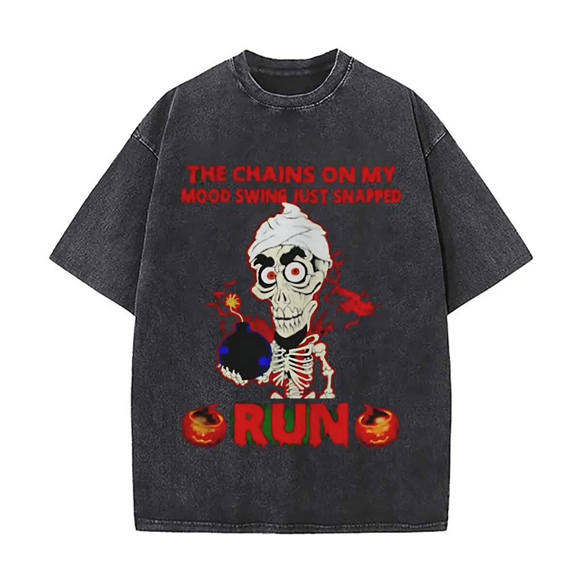 Halloween Skeleton Mood Swing Run Washed Distressed Loose Streetwear Tops for City Walks