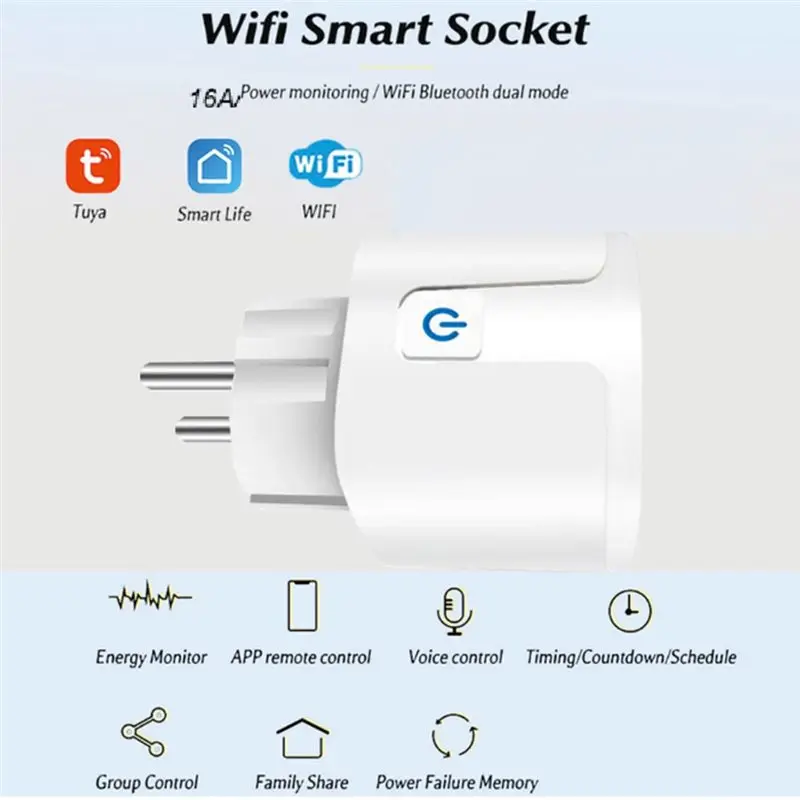 B27B Smart Eu Plug Tuya Wifi Bluetooth 16A Power Monitoring Switch With Timing Function